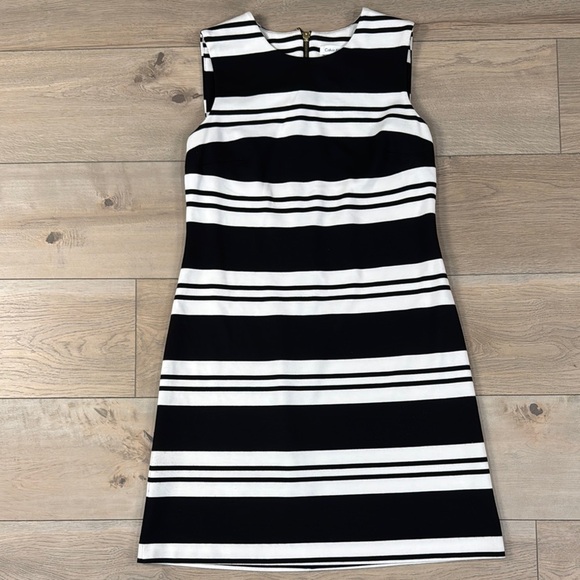 Calvin Klein Black and White Striped Sleeveless Sheath Dress with Gold Zipper - Picture 3 of 12